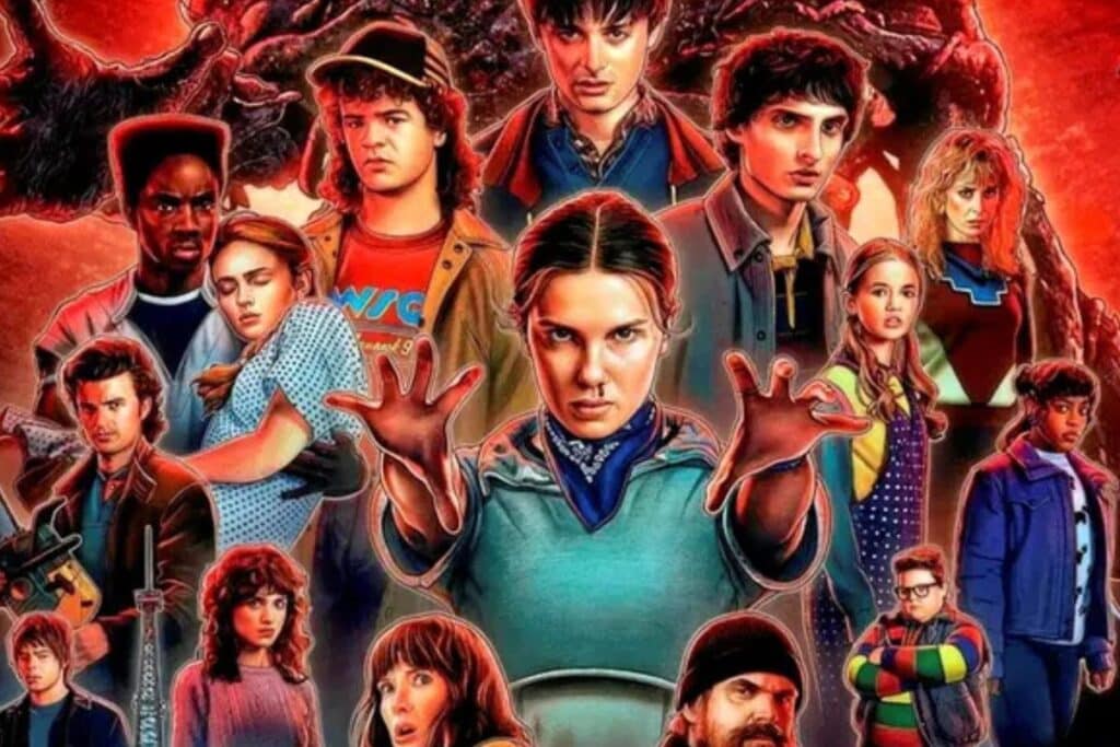 Affiche de série avec groupe de jeunes en arrière-plan.