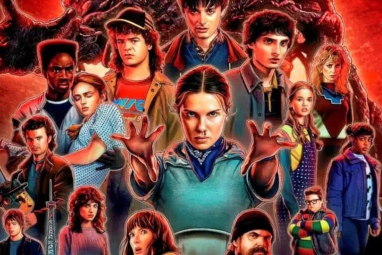 Affiche de série avec groupe de jeunes en arrière-plan.