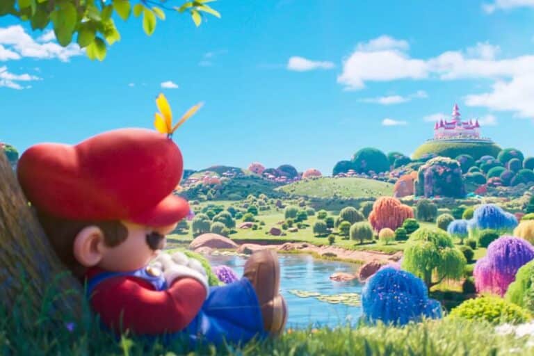 Personnage assoupi sous arbre, paysage de conte.