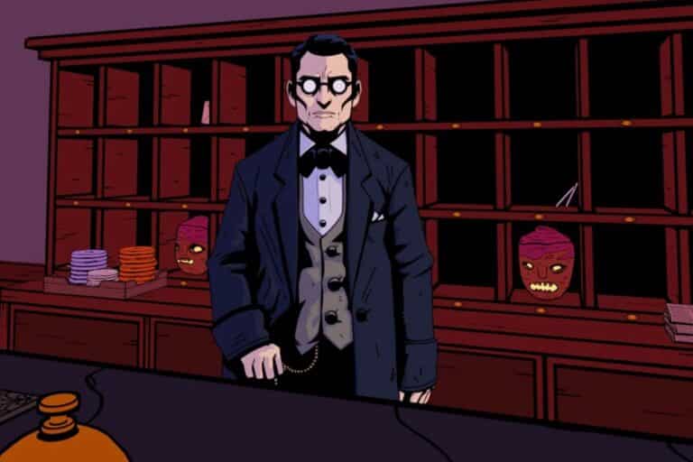 Homme en smoking dans une bibliothèque sombre.