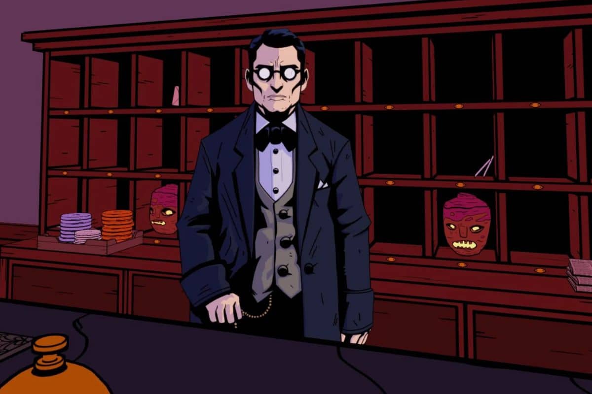 Homme en smoking dans une bibliothèque sombre.