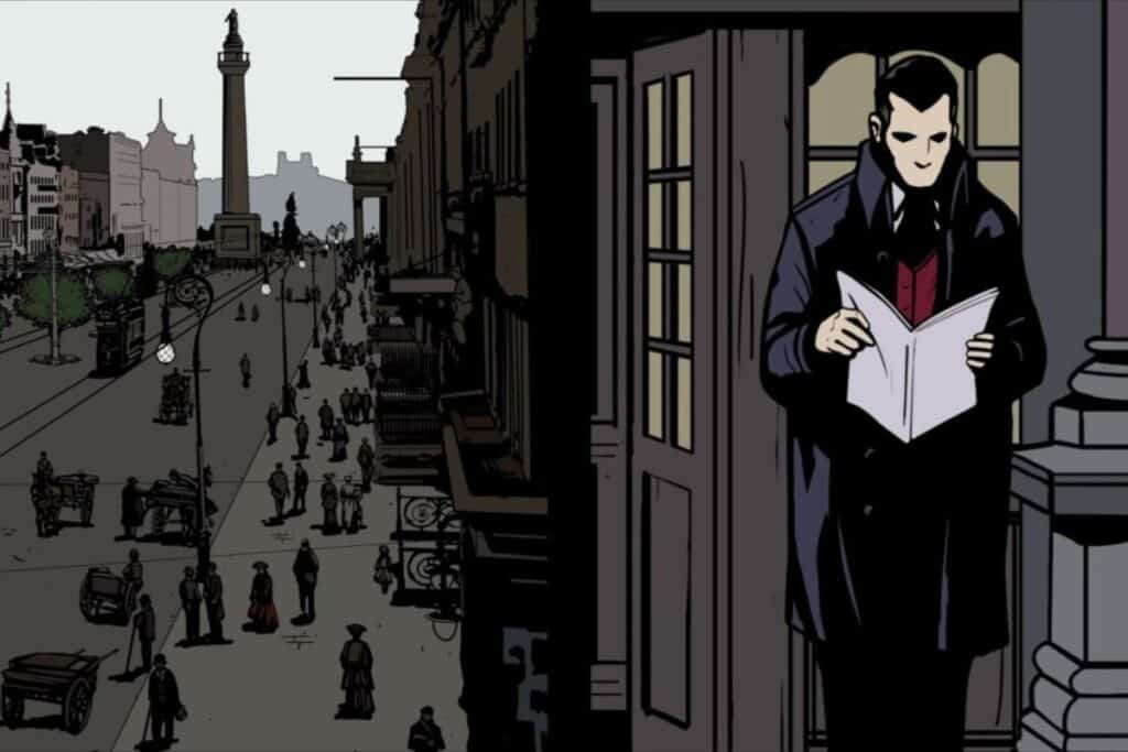 Homme lisant devant une scène de rue animée.