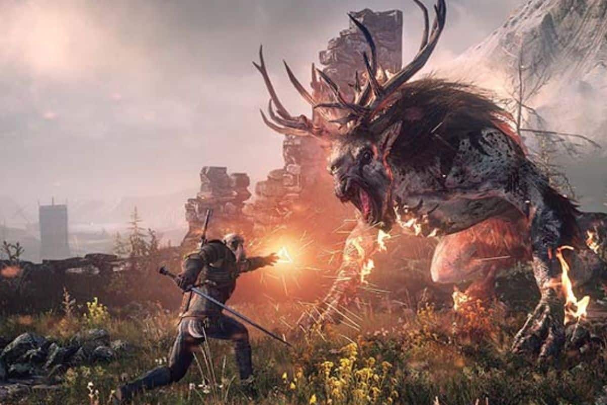 Combat entre guerrier et créature fantastique.