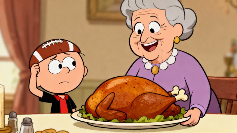 Garçon et grand-mère avec dinde au dîner.