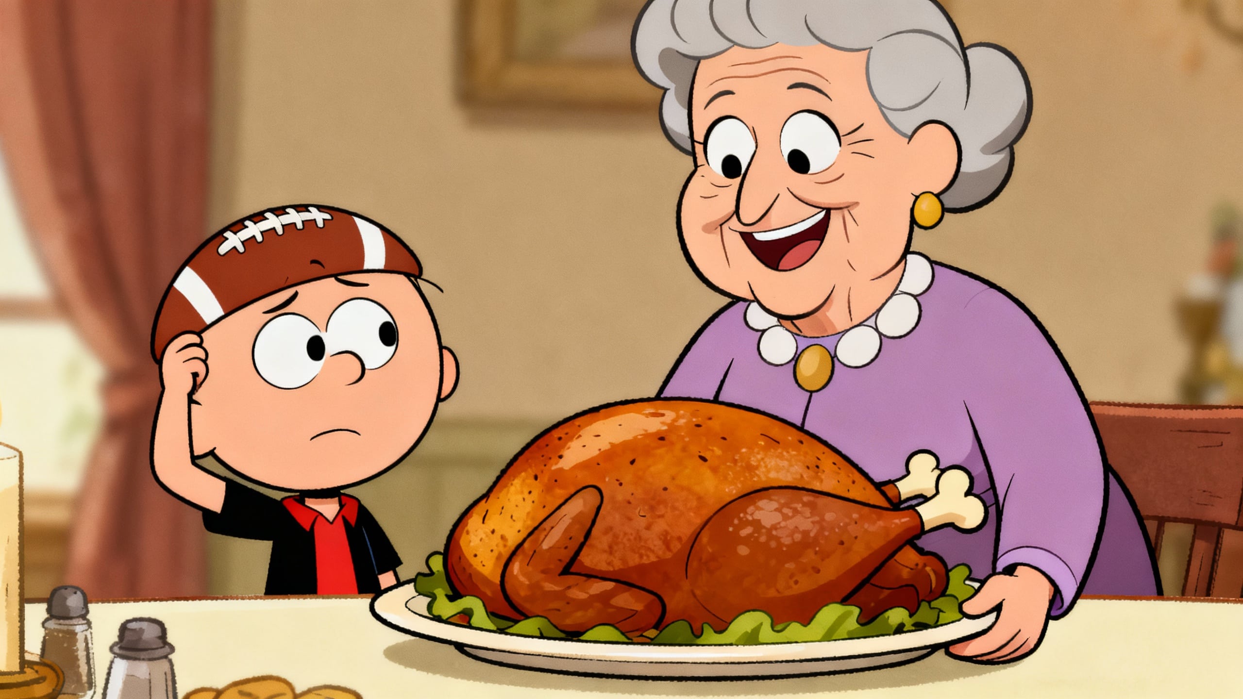 Garçon et grand-mère avec dinde au dîner.