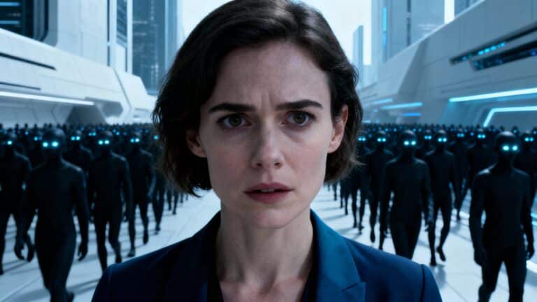 Femme face à des robots aux yeux lumineux.