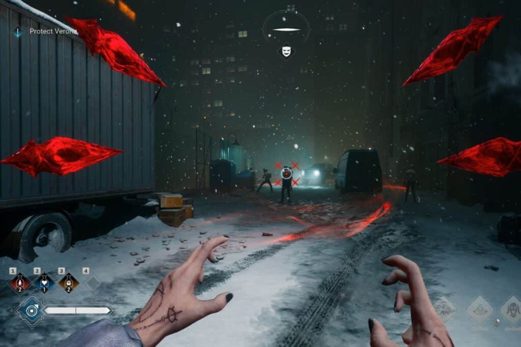 Jeu vidéo, main ensorcelée, rue enneigée, ennemis visibles.