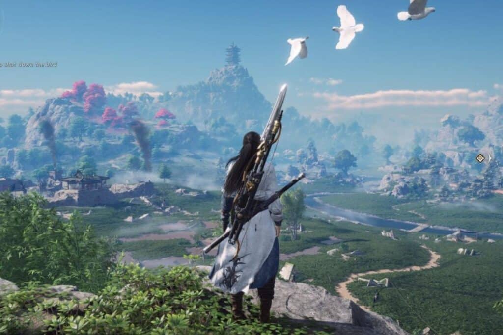 Guerrier regardant paysage avec oiseaux en vol.