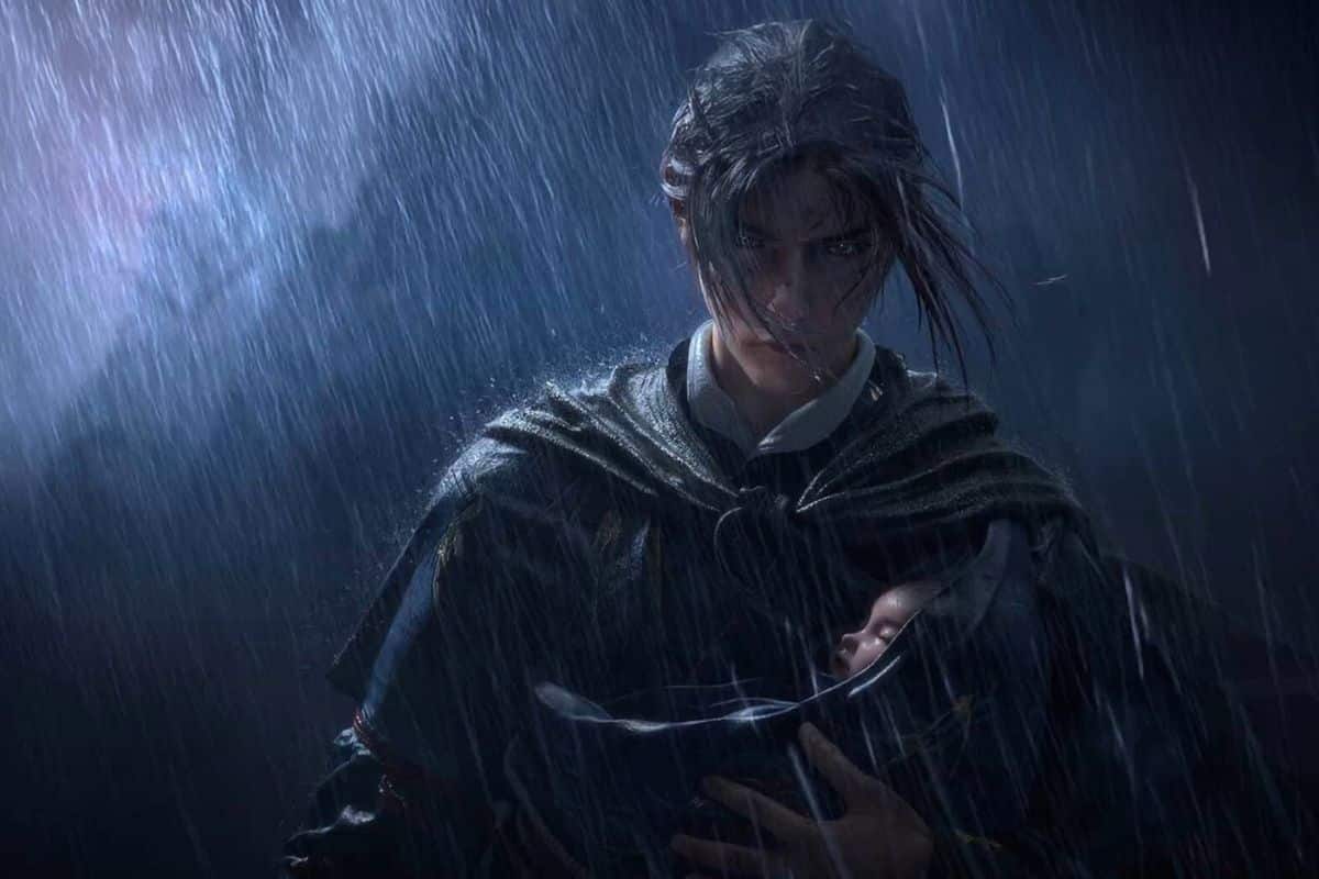 Personnage sombre sous la pluie portant un bébé.