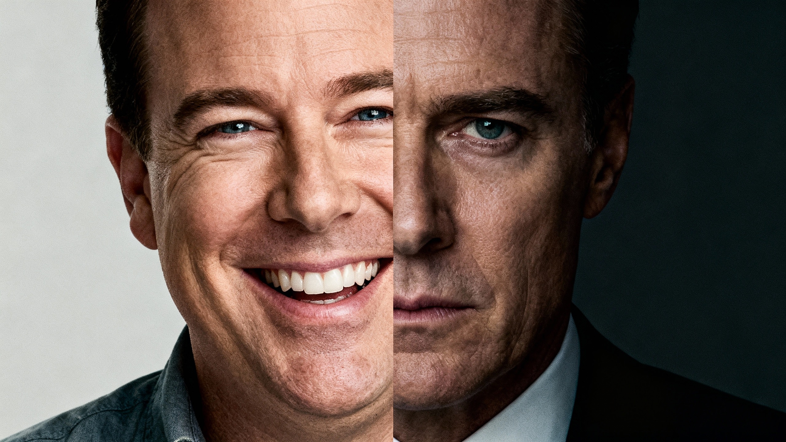 Deux visages d'hommes, joyeux et sérieux, côte à côte.