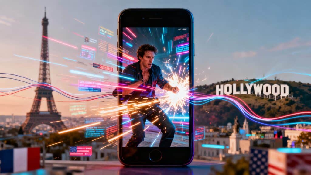 Téléphone avec éclairs devant monuments célèbres.