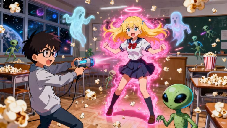 Élèves affrontant extraterrestres et fantômes dans une classe.