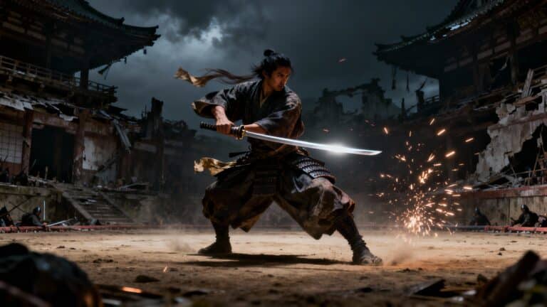 Samouraï dans un temple en ruines avec katana.