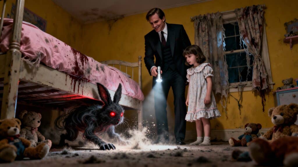 Homme montre lampe de poche sous lit monstre.