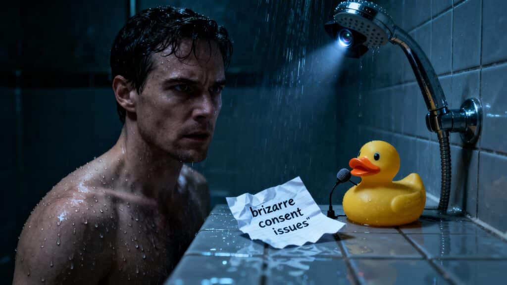 Homme sous douche avec canard en plastique.