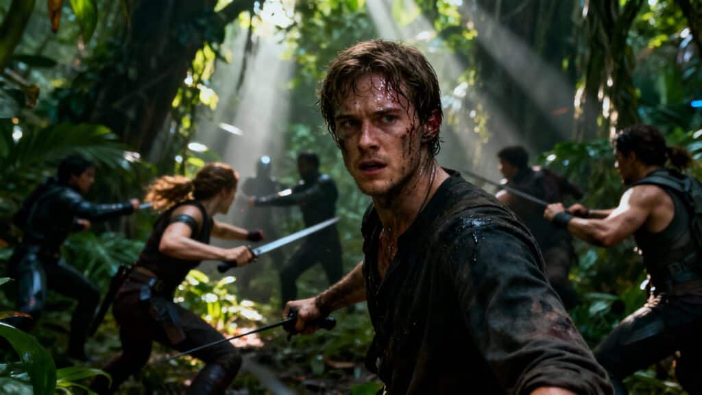 Grouper se battant avec des épées dans la jungle.