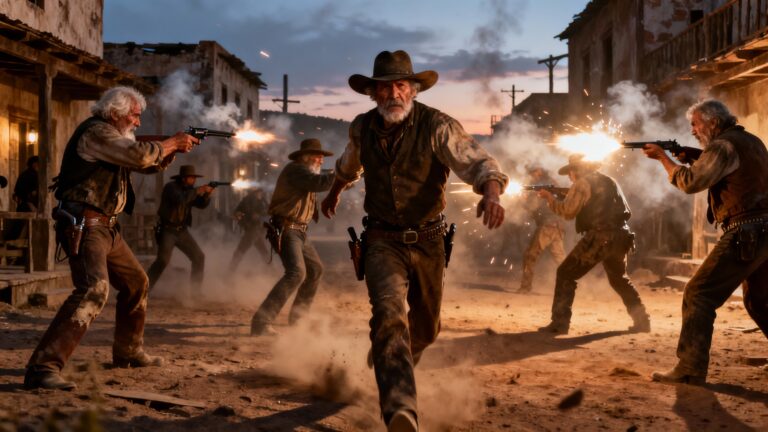 Scène de fusillade dans un village western.