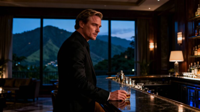 Homme buvant au bar avec vue montagneuse.