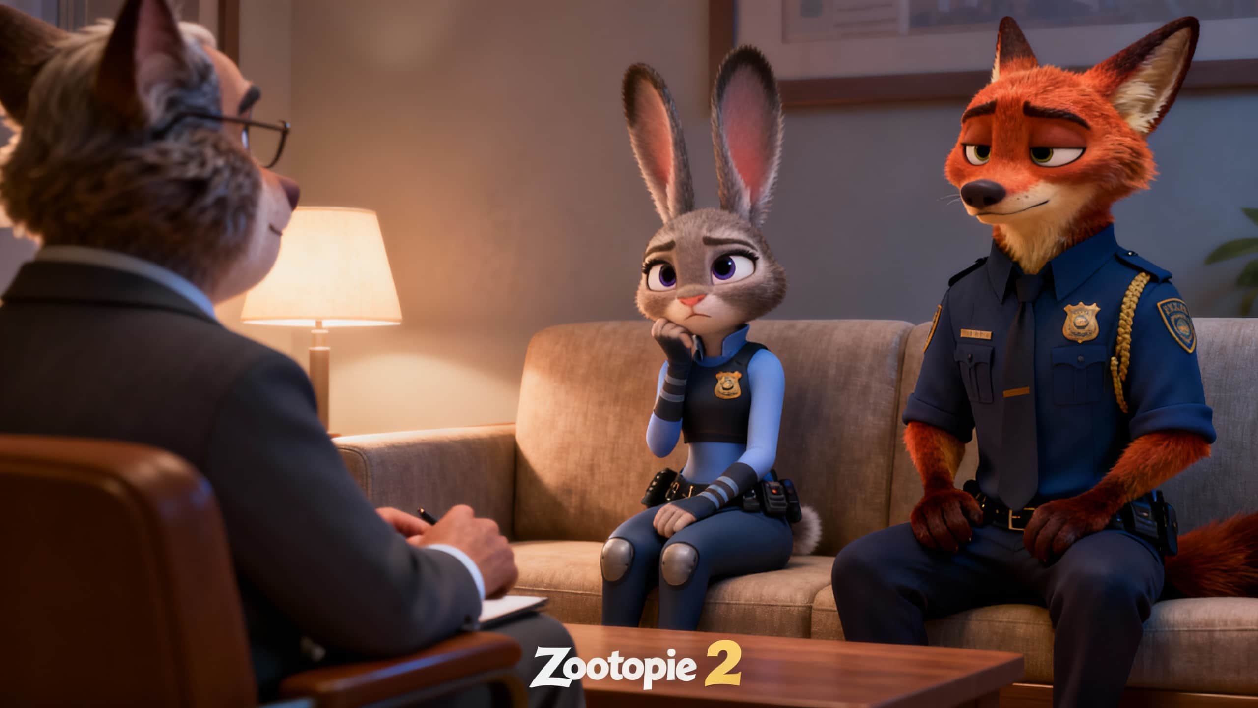 Animaux policiers en réunion sérieuse sur canapé.