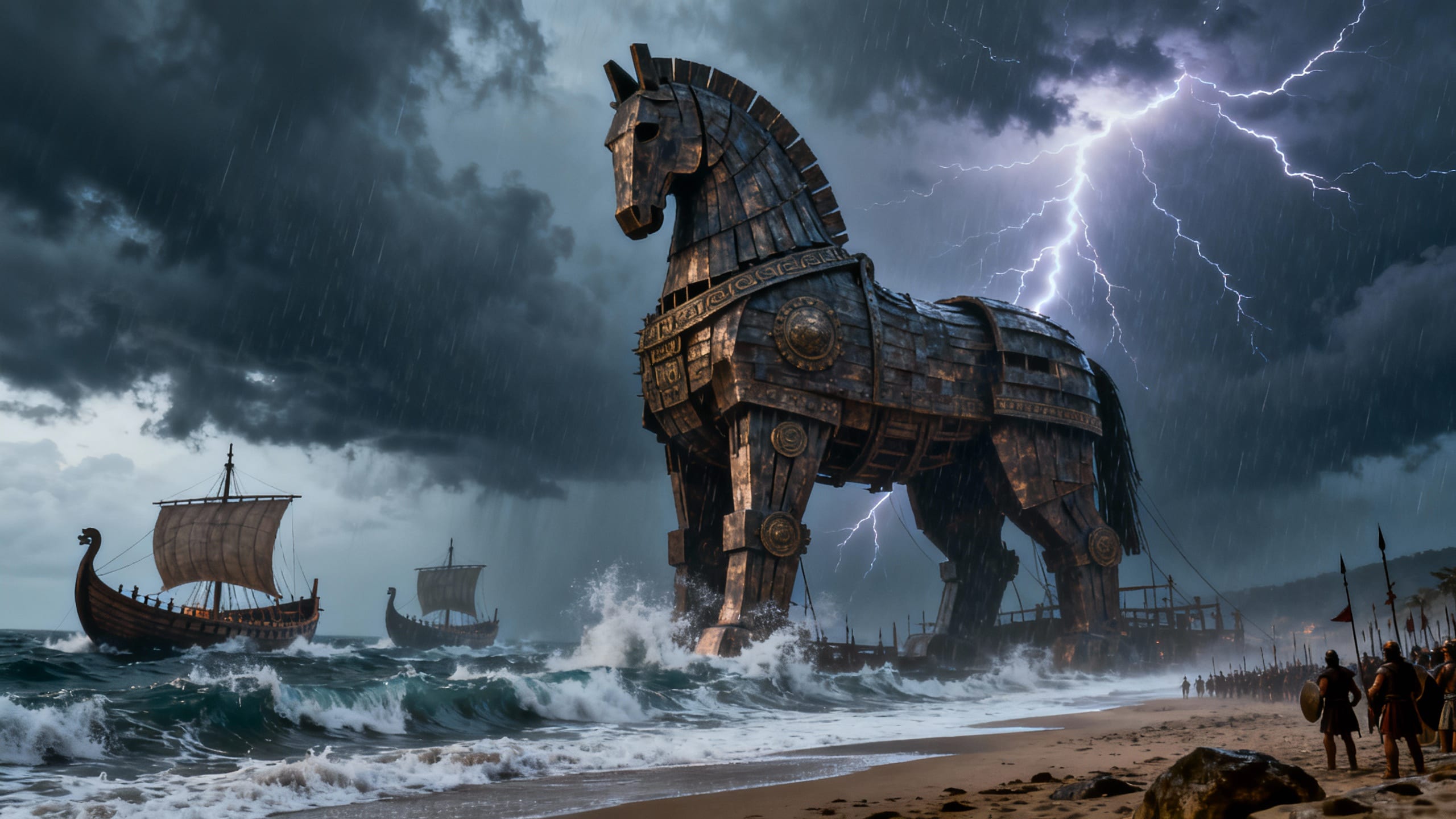 Cheval de Troie sur une plage sous l'orage.