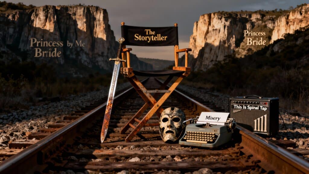 Chaise de réalisateur sur voie ferrée, épée posée.