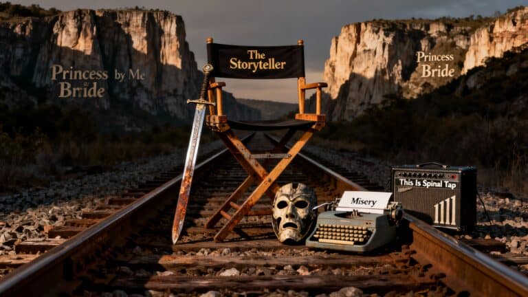 Chaise de réalisateur sur voie ferrée, épée posée.