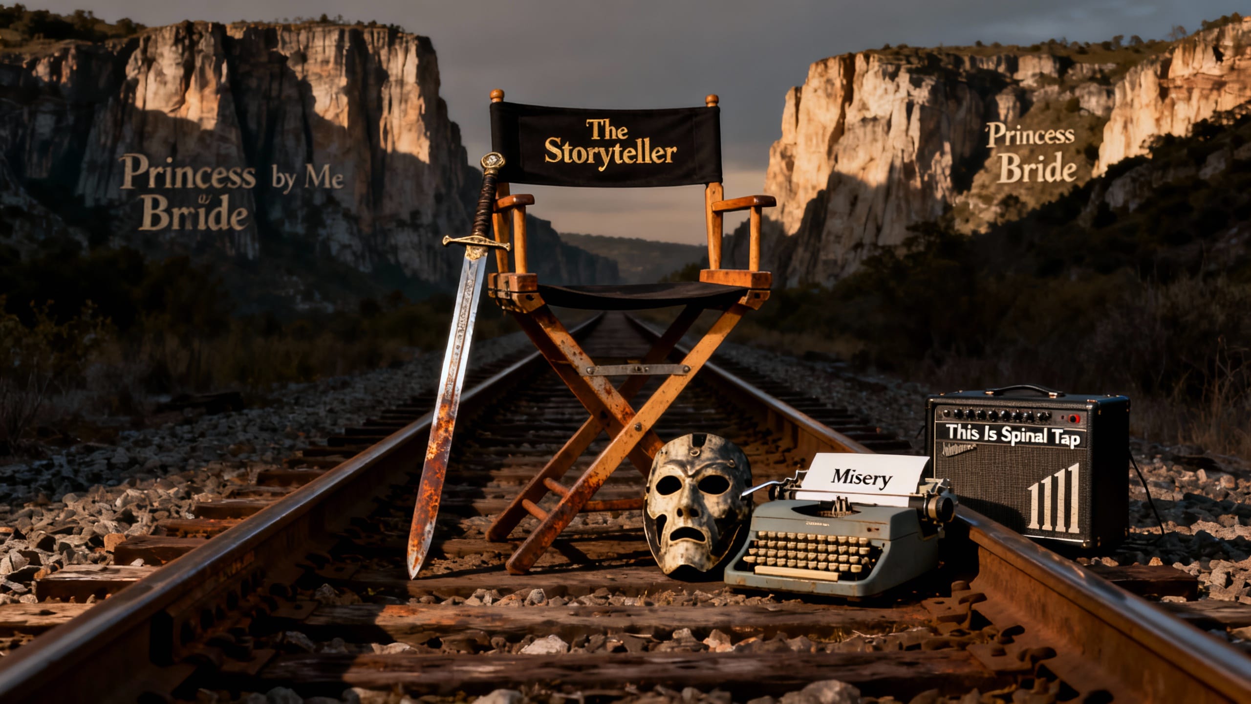 Chaise de réalisateur sur voie ferrée, épée posée.