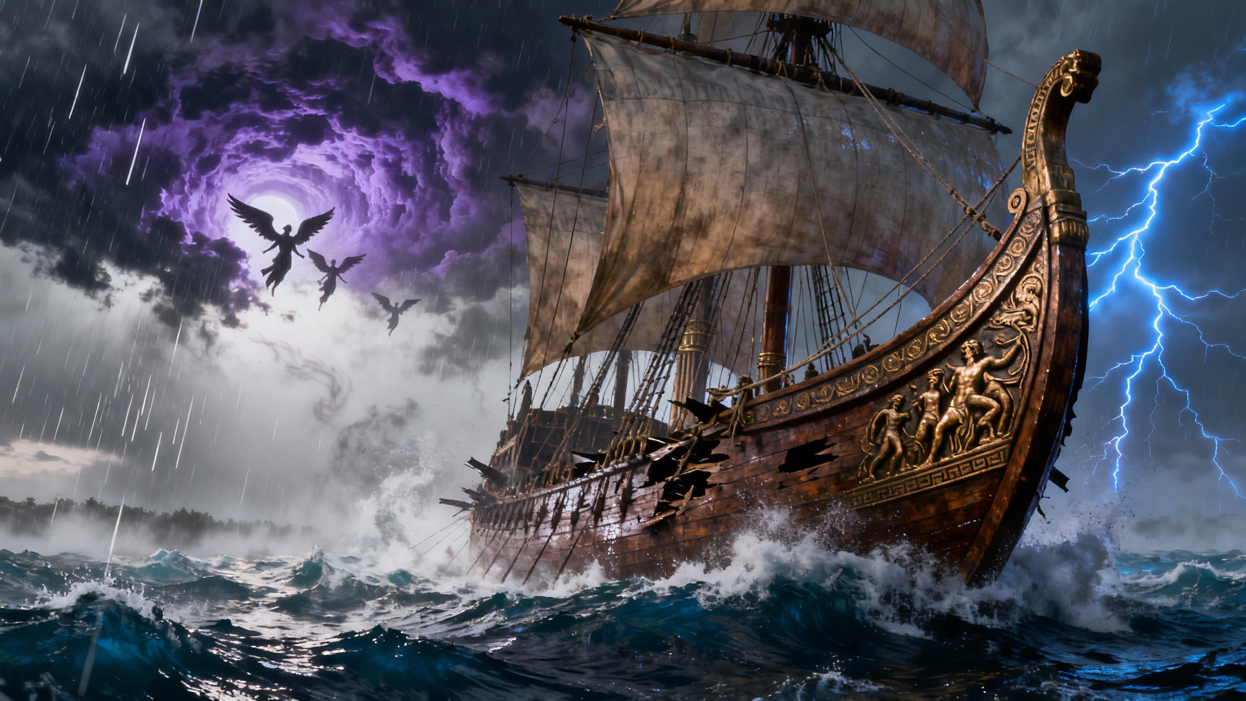 Navire en pleine tempête, foudre et figures ailées.