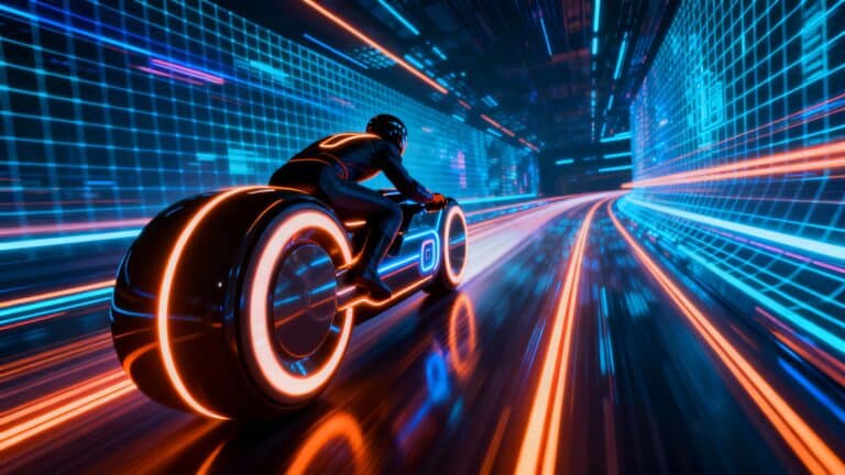 Motard futuriste sur route lumineuse.