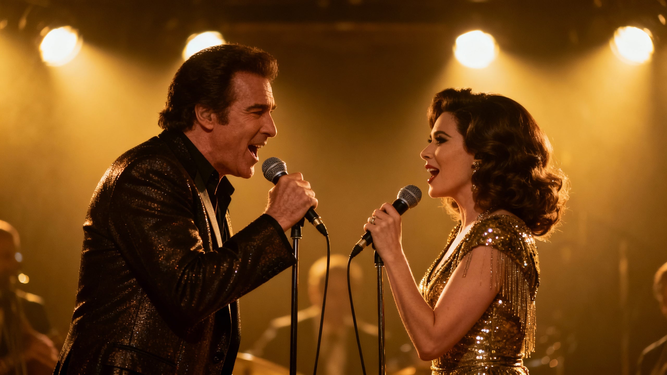 Duo chantant sur scène en costumes scintillants.