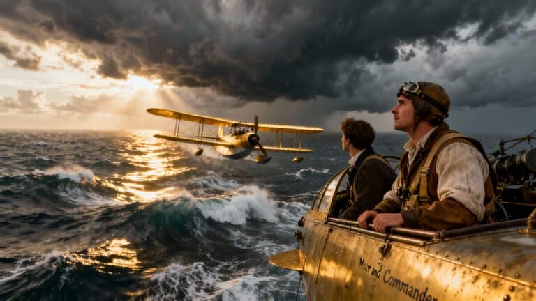 Avion biplan survolant l'océan, ciel nuageux.