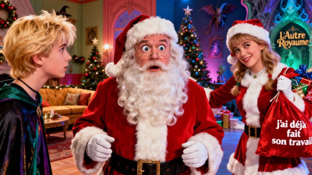 Personnes en costumes de Noël, décor festif.