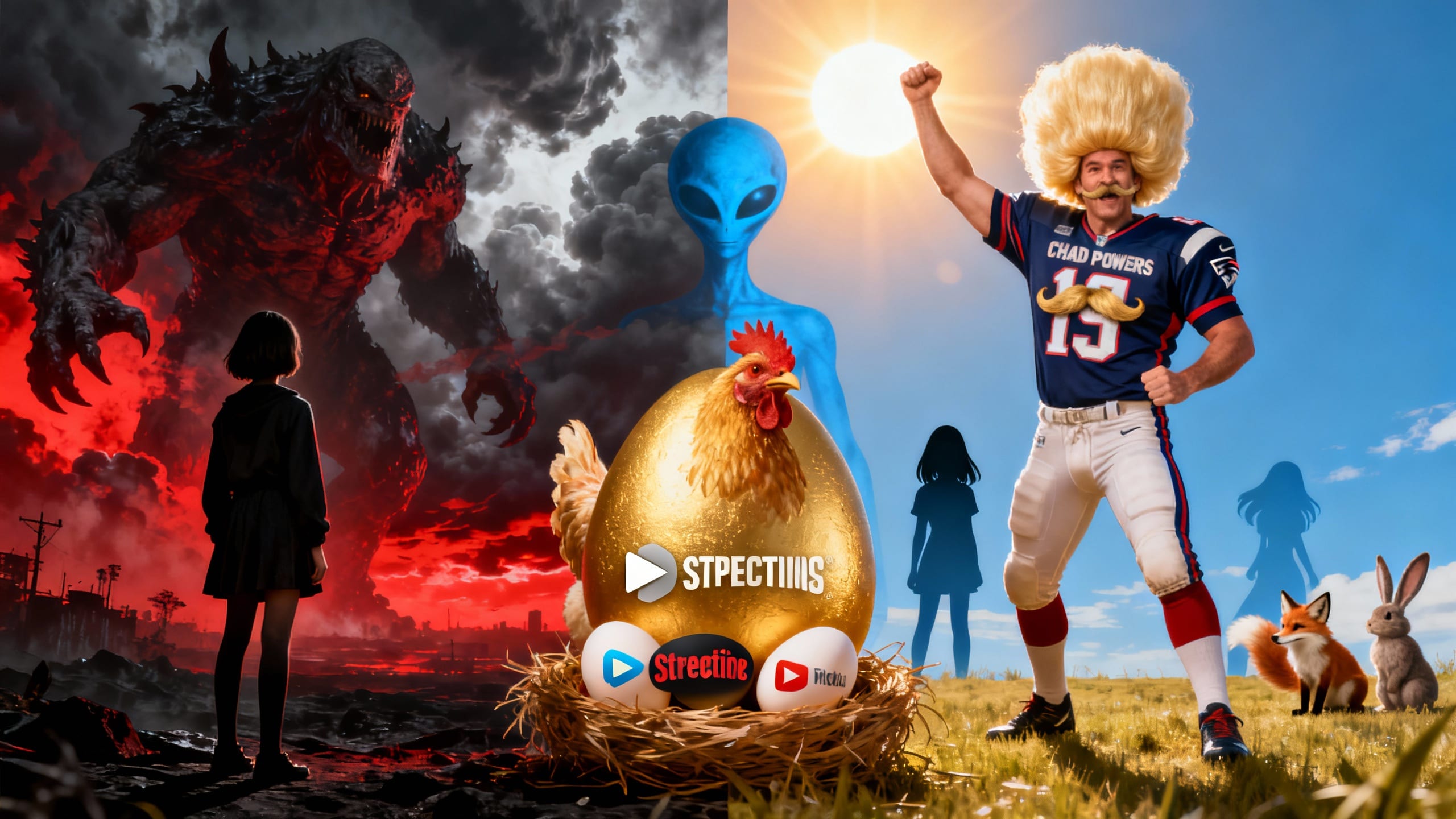 Monstre, extraterrestre et footballeur dans un paysage mixte.