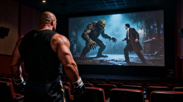 Homme regardant écran de cinéma, monstre contre humain.