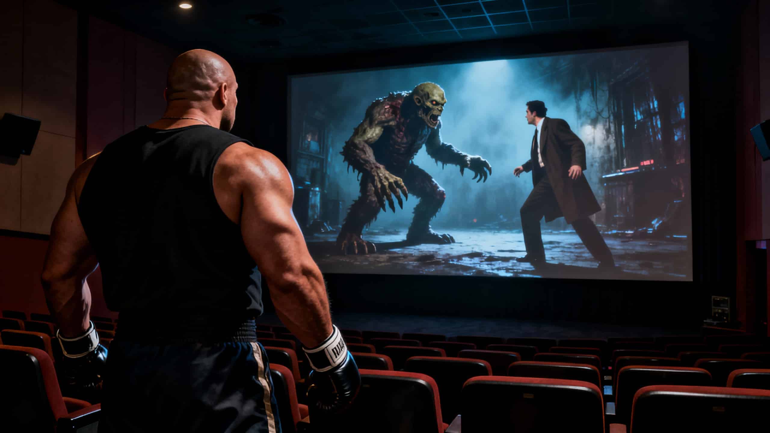 Homme regardant écran de cinéma, monstre contre humain.