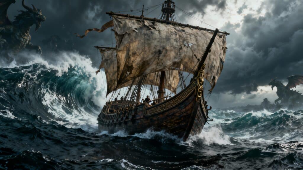 Bateau en mer avec dragons et grosses vagues.