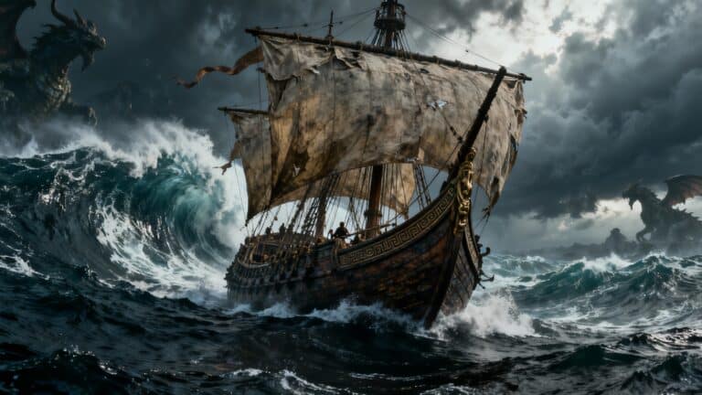 Bateau en mer avec dragons et grosses vagues.