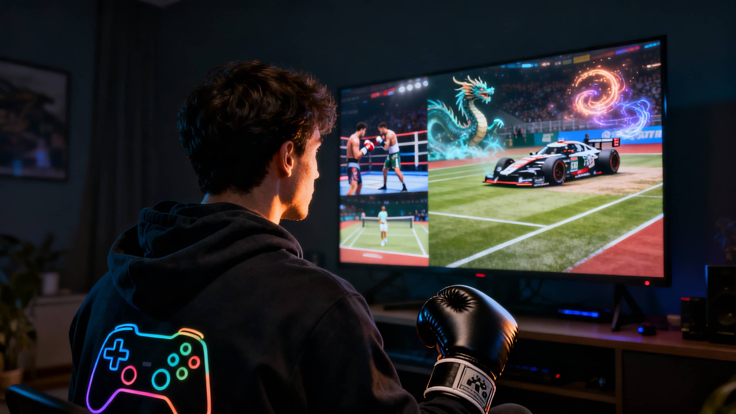 Homme jouant à des jeux vidéo sur écran géant.