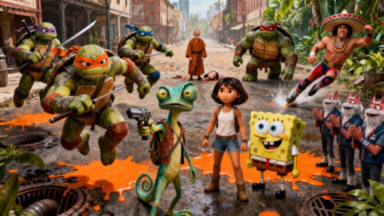 Personnages animés marchant dans une rue animée.