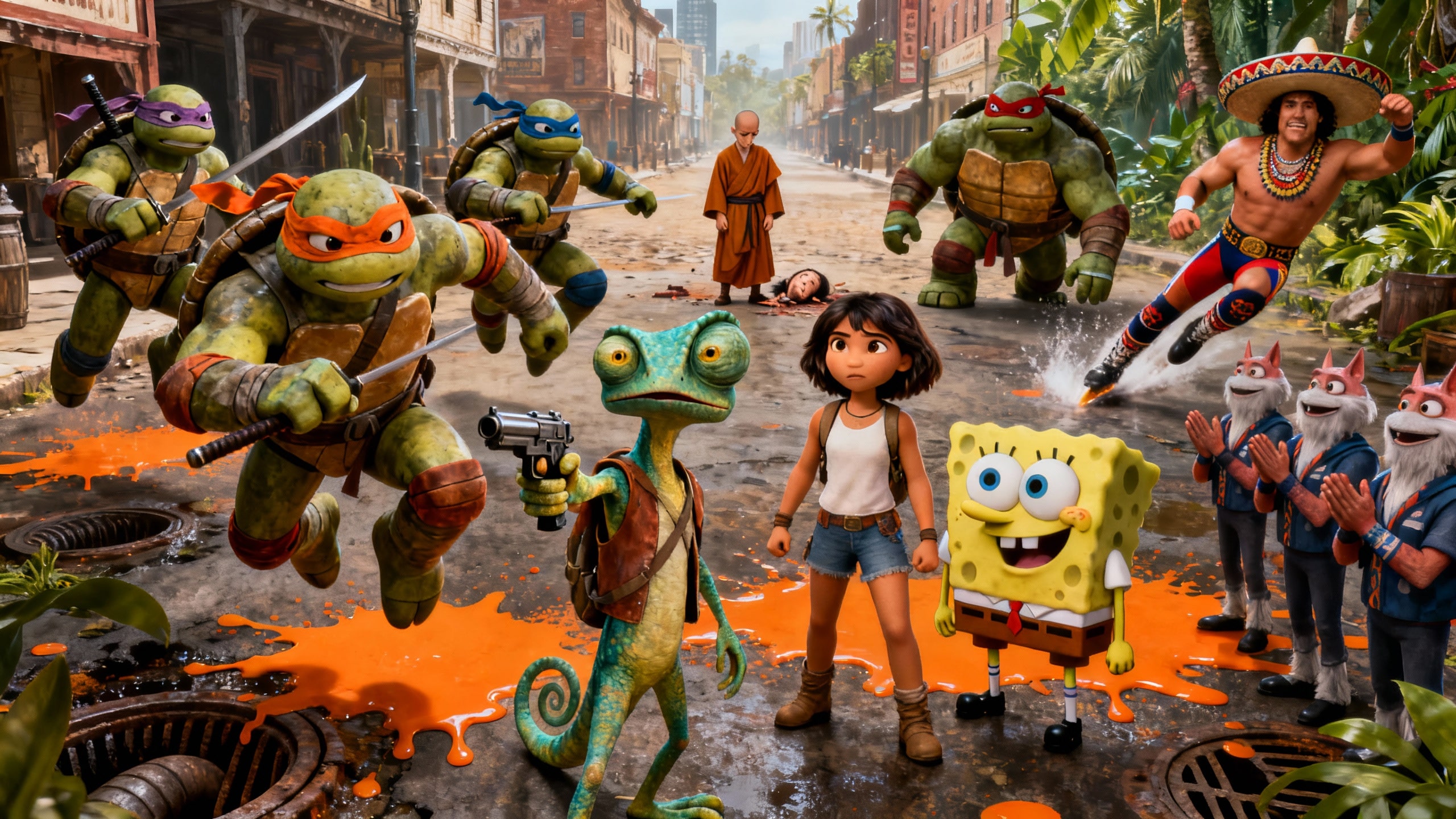 Personnages animés marchant dans une rue animée.