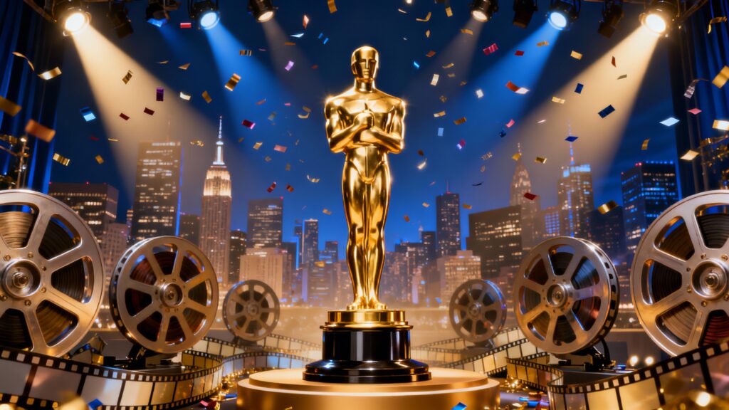 Statuette dorée sur scène, fond de ville illuminée.