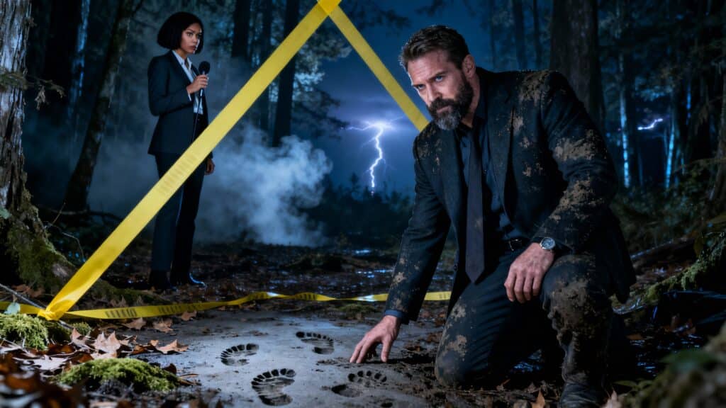 Enquête dans la forêt sous un orage.