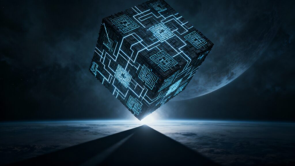 Cube lumineux flottant dans l'espace sombre.