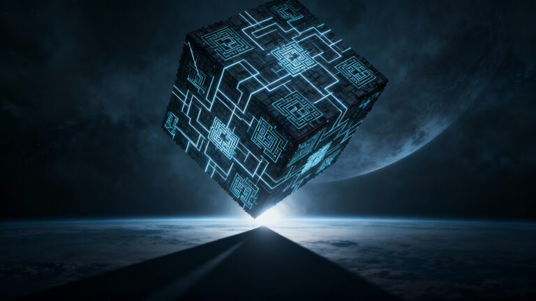 Cube lumineux flottant dans l'espace sombre.