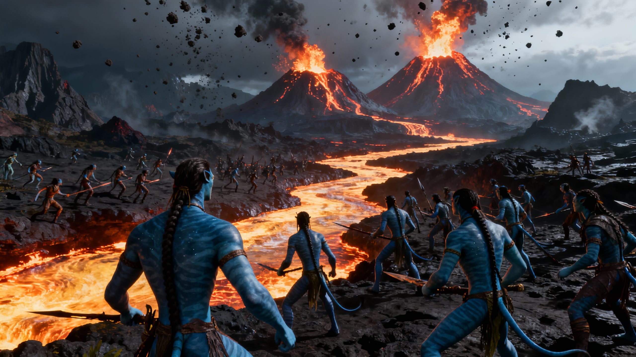 Personnages bleus près de volcans en éruption.