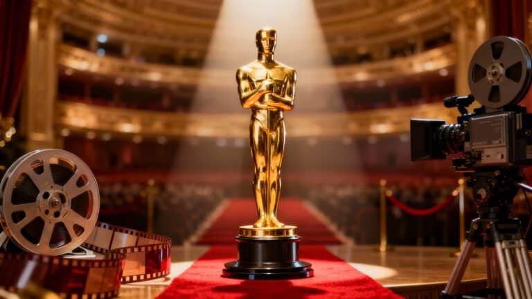 Trophée en or sur tapis rouge de cérémonie.