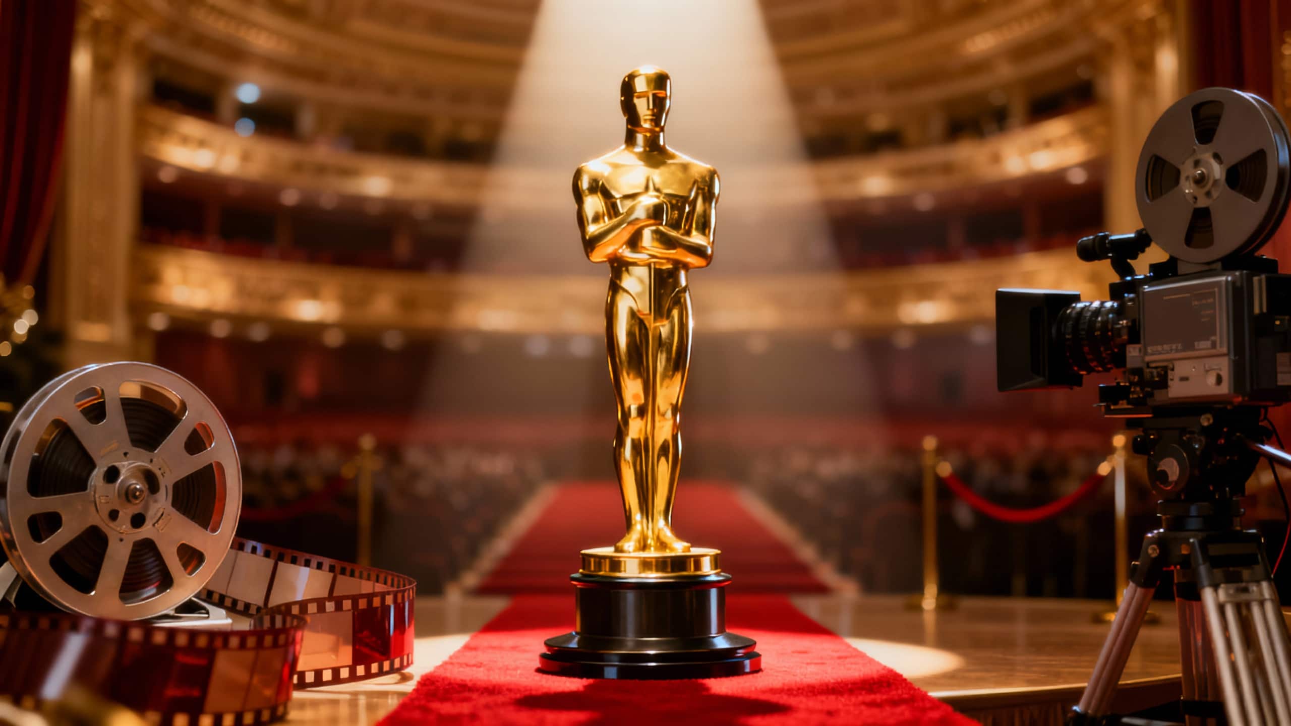 Trophée en or sur tapis rouge de cérémonie.