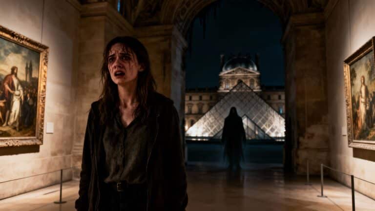 Femme effrayée dans un musée sombre, silhouette mystérieuse.