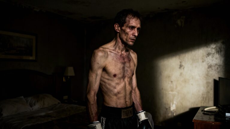 Boxeur pensif dans une chambre sombre.