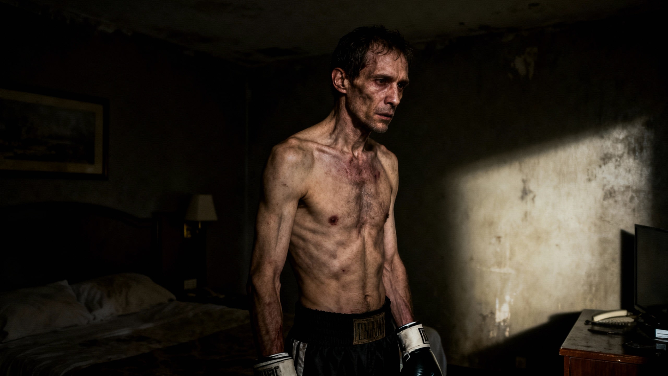 Boxeur pensif dans une chambre sombre.